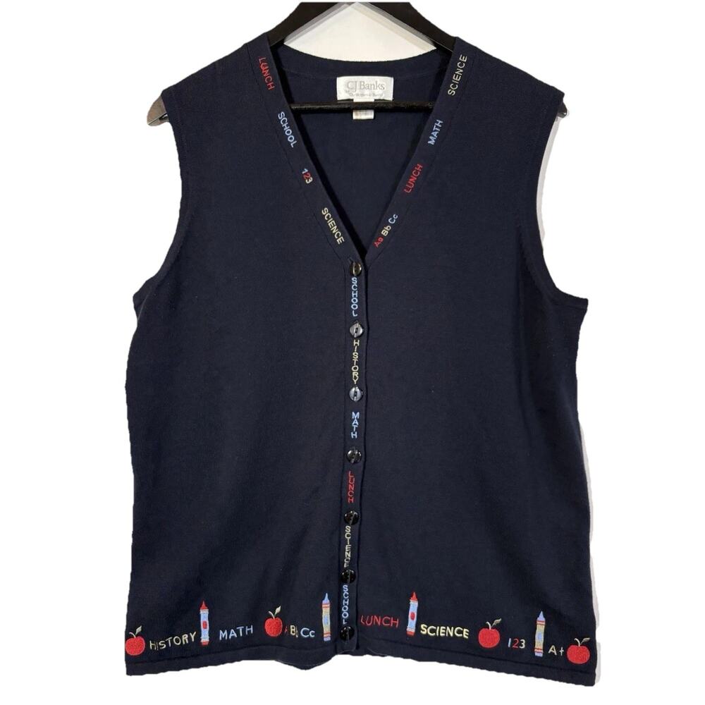 Teacher Sweater Vest Navy Blue School Embroidered Preppy Button Vintage 1X Class